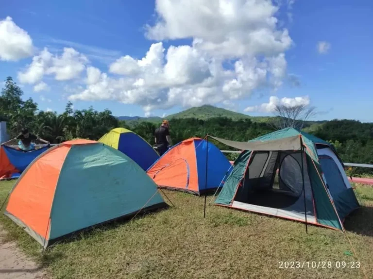 Colourful tents at the Bukit Piniapat summit campsite